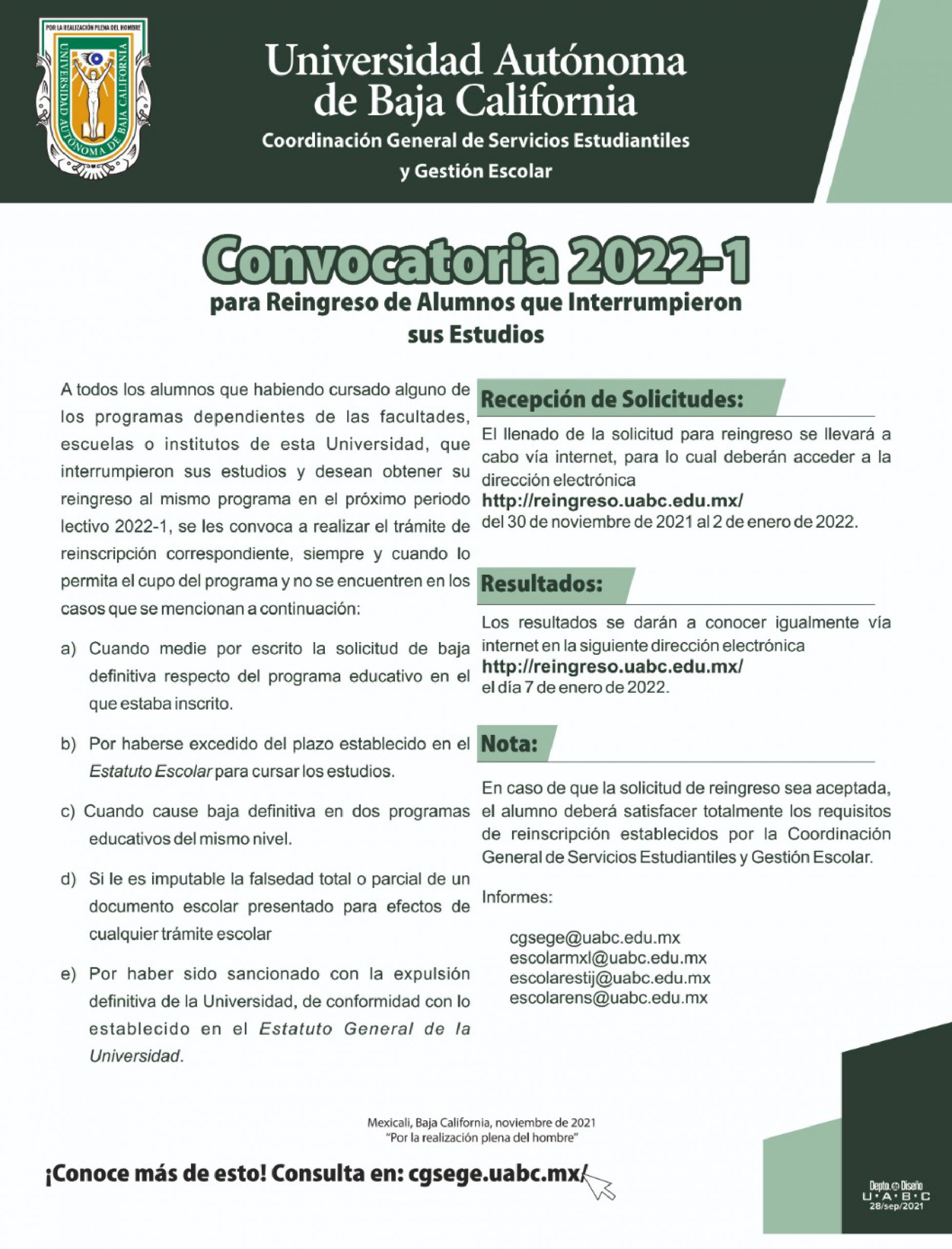 Convocatoria Reingreso 2022-1